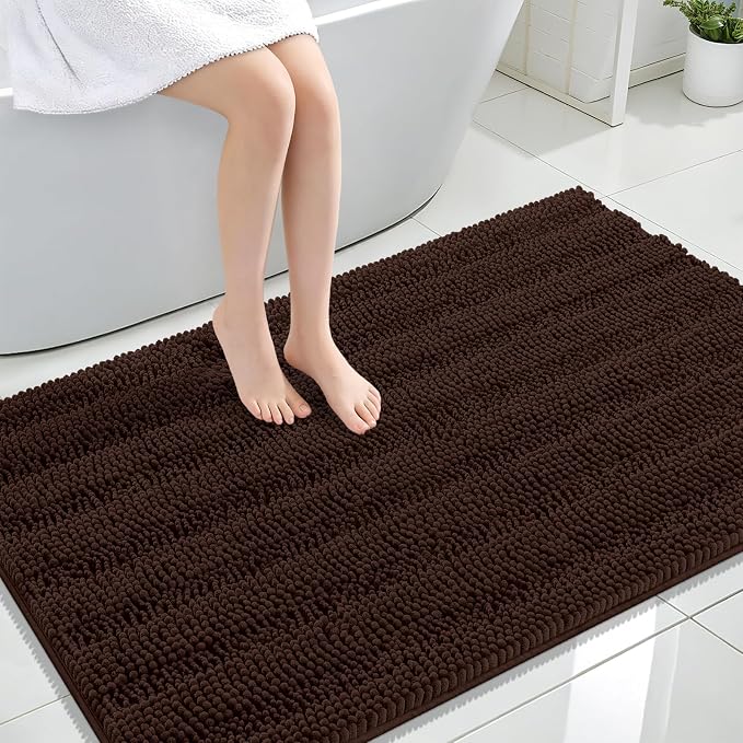 OLANLY Thick Large Bathroom Rugs 47x32, Extra Soft Absorbent Chenille Striped Bath Rugs, Rubber Backing, Machine Wash Dry, Bath Mats for Bathroom Floor, Tub and Shower, Home Decor Accessories, Brown