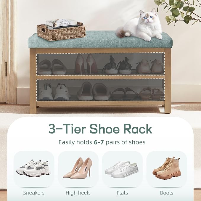 Zihanhome 2 Tier Shoe Rack Bench with Cushion, Solid Wood Shoe Benches, Mid-Century Modern Shoe Storage Bench for Entryway, Hallway, Living Room, Closet, Front Door Entrance, (Teal, 31.5")