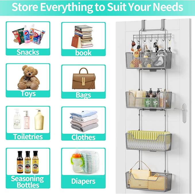 HapiRm Over The Door Organizer - Hanging Door Organizer with 4 Metal Large Capacity Baskets and Adjustable Coat Hook for Bathroom Bedroom Kitchen Pantry Closet Cabinet