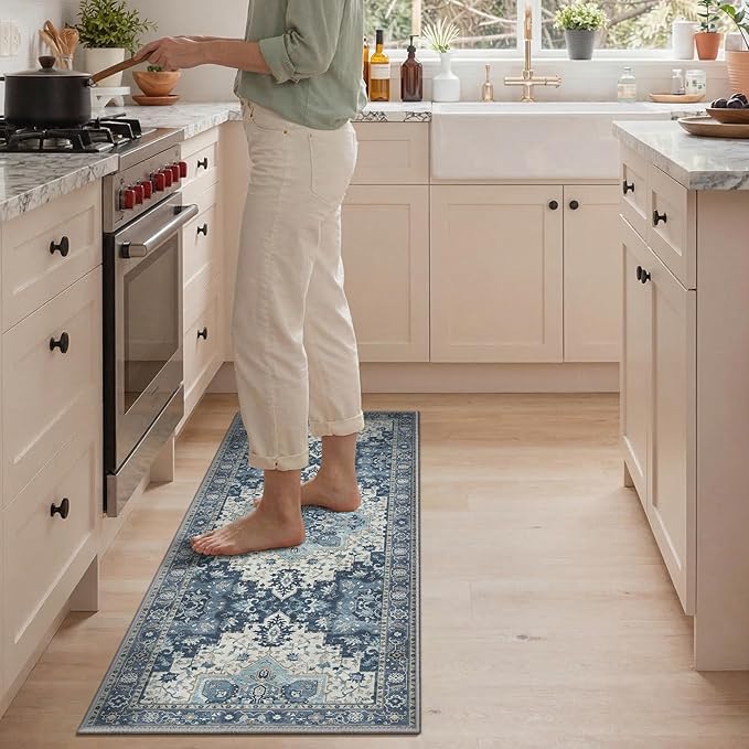 GENIMO Kitchen Rugs Non Slip Washable, 2PCS Kitchen Mats for Floor, Cushioned Standing Mat, Kitchen Runner Rug Floor Mat for Hallway, Laundry, Sink, Entryway, Home, 20"x32"+20"x48", Navy Blue