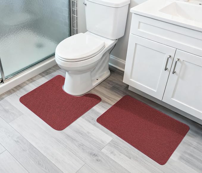 Bath Mat,Ultra Thin Bathroom Rugs,Rubber Bath Mats for Bathroom,No Slip Bath Rugs,Quick Dry,Machine Washable,Low Pile,Absorbent,Shower Outside,Sink,Home Decor Accessories.Red,1'5"x2'3"+1'8"x2" U Shape