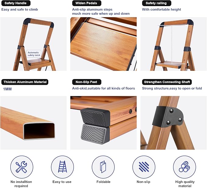 Step Ladder 2-Step Woodgrain Finish Aluminum Folding Ladders