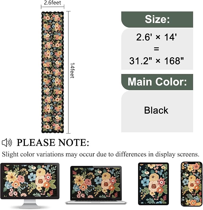 DUKINO 2.6x14 Runner Rug for Hallway, Non Slip Floral Washable Kitchen Rug with Low Pile Design, Boho Stain Resistant Floor Carpet Runner for Entryway, Bathroom, Laundry, Bedroom, Black