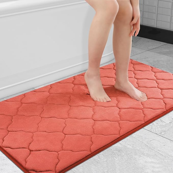 OLANLY Memory Foam Bath Mat Rug 44x24, Ultra Soft and Absorbent Bathroom Rugs, Non-Slip, Comfortable, Machine Washable Bath Carpet for Bathroom Floor, Tub, Shower and Home Decor Accessories, Coral