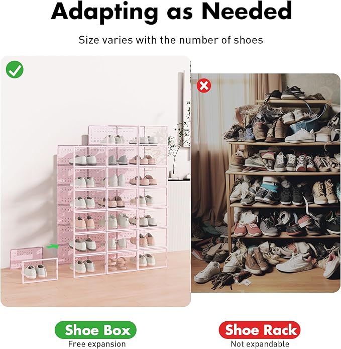 Foluck Shoe Storage Box, 15 Pack Clear Plastic Stackable Organizer for Closet, Interlocking Design Shoes Container Bins for Sneakers, Foldable Shoe Rack with Lids, Pink