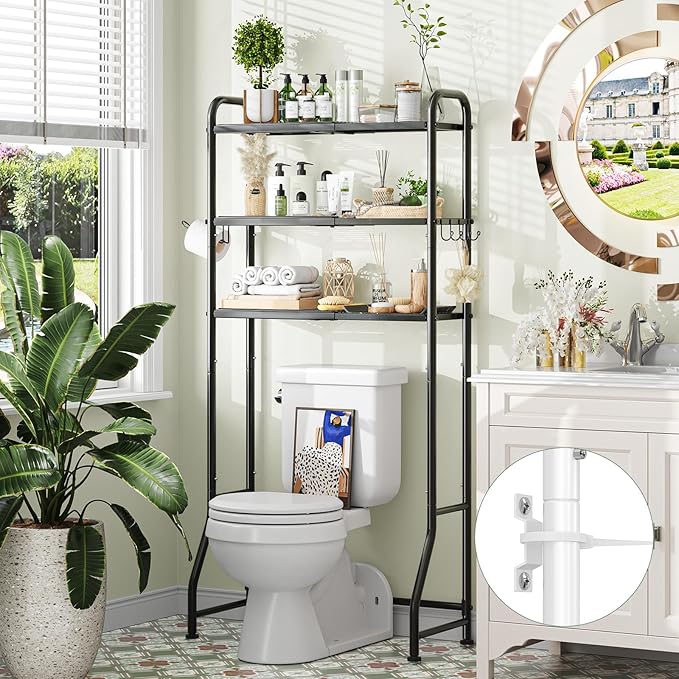Simple Trending Expandable Over The Toilet Storage Rack, Metal 3 Tier Bathroom Organizer Shelf with Paper Holder and 3 Hooks, Black