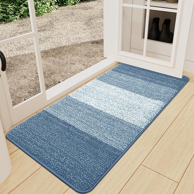 Kitinjoy Indoor Outdoor Door Mat, 59x24 Non-Slip Absorbent Dirt Trapper, Low-Profile Washable Inside Entrance Front Floor Mat, Sturdy Soft Entry Doormats for Entryway, Light Blue
