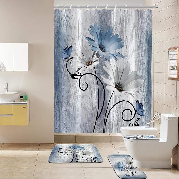 Onalasyc 4PCS Blue Daisy Flowers Plants Shower Curtain Set, Shower Curtain and Carpet and Accessories, Waterproof Bathroom Shower Curtain Decorative Set, with 12 pcs Hooks,71 x 71in