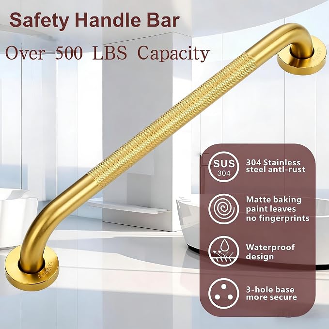 24 Inch Gold Stainless Steel Handrail, 1.25 Inch Diameter,Safety Grab Bars for Wall,Door, Handicap Grab Bars for Bathroom, Shower, Toilet, RV, Stair Railing Indoor & Outdoor