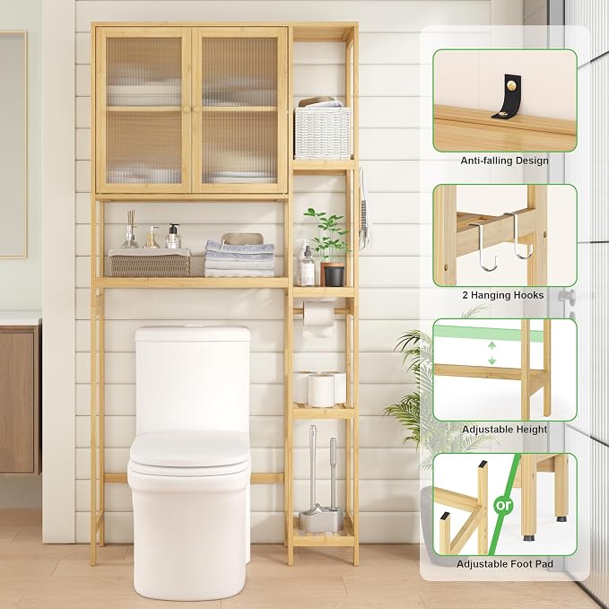 Over the Toilet Storage Cabinet Above Toilet Bathroom Organizer with Toilet Paper Holder Stand Bath Organizer with Adjustable Shelves & Acrylic Doors,Anti-Tip Device (Nature)