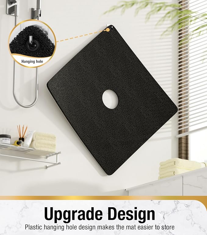 HITSLAM Non Slip Shower Mat for Textured Tub Floor, 21x21 Inch Square Loofah Bath Mat for Inside Shower Stall, Quick Drying, No Suction Cups, Black