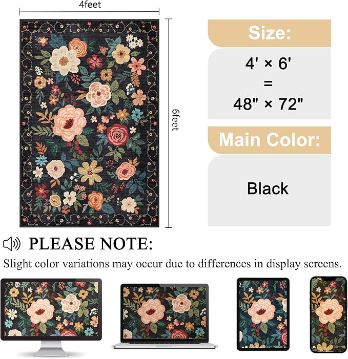DUKINO 4x6 Feet Office Chair Mat, Lightweight Non Slip Washable Floral Area Rug, Indoor Low Pile & Non-Shedding Boho Design Rugs for Bedroom, Living Room, Dining Room, Black