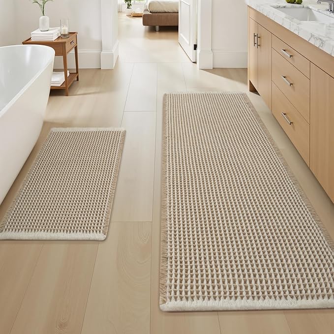 Upgraded Waffle Bath Mat Set of 2 Super Absorbent Non Slip Bath Mats for Bathroom, Washable Boho Bathroom Rugs Set 2 Pieces with Tassels, Soft Bathroom Mat Set, Brown & Cream, 18" x 30" Plus 24" x 48"