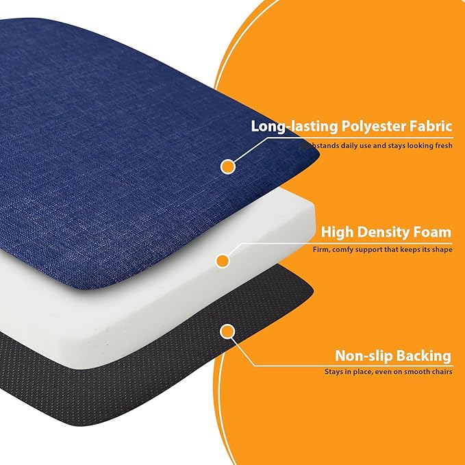 Ruqmuis Chair Cushions for Dining Chairs, 2" Thick Seat Cushions for Kitchen Chairs, D-Shaped Chair Pads with Washable Cover, Ties and Non Slip Backing, 17'' x 16'', Set of 2, Blue