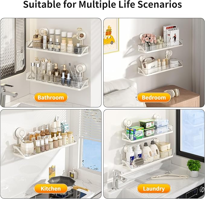 Suction Cup Shower Caddy, Removable Bathroom Organizer Shelf for Shower Storage, No Drilling Clear Square Shower Shelves, Large Capacity & Reusable, Home & Kitchen White