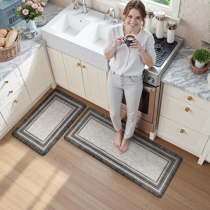 KIMODE Anti Fatigue Kitchen Mats for Floor 2 Piece,17"x47"+17"x29" Farmhouse Kitchen Rugs Non Slip Rubber Backing,Waterproof Cushioned Standing Mat for Home Decor,Office,Laundry Room,Sink,Desk,Grey