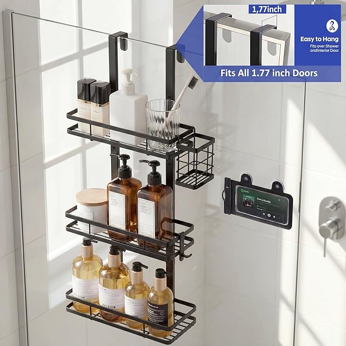Over the Door Shower Caddy Hanging, Rustproof Shower Shelves with Waterproof Phone Pouch, 3-Tier Adjustable Bathroom Organizers and Storage, No Drilling Shower Shelf, Black Shampoo Soap Holder