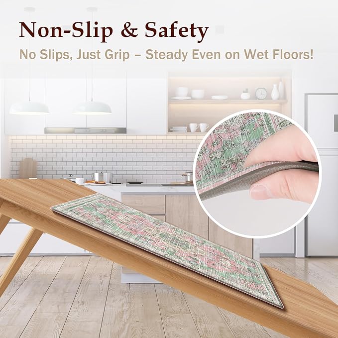 Boho Kitchen Mats for Floor 2 Piece Set Anti Fatigue Cushioned PVC Kitchen Rugs Non Slip Waterproof Farmhouse Mats 2/5 Inch Comfort Standing Mat for Sink, Laundry, 17.3"x59"+17.3"x28", Green Pink