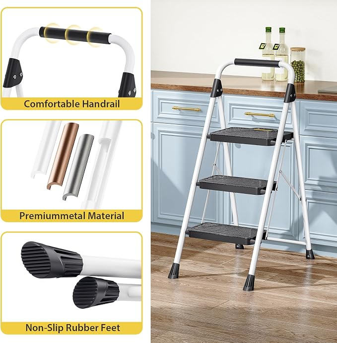 KINGRACK 3 Step Ladder, Folding Step Stool with Comfortable Handrail, Wide Anti-Slip Pedals & Safe-Lock Design, 800lbs Load Capacity, Sturdy Steel Portable Ladder, Perfect for Home and Kitchen, White