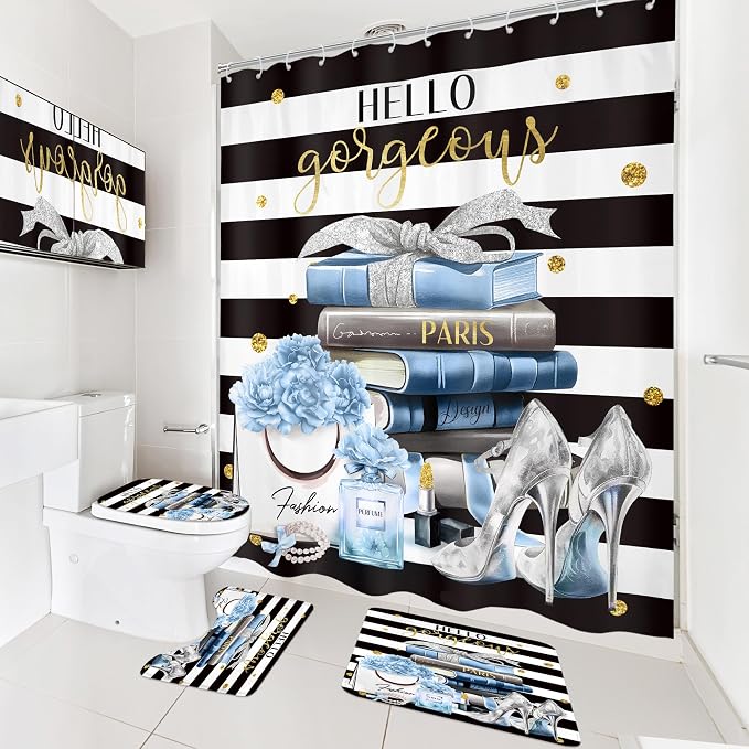 4Pcs Black and Blue Shower Curtain Set,High Heels Striped Perfume Bathroom Curtain with Rug, Toilet Lid Cover, Bath Mat, Fashion Floral Flower Magazine Books Shower Curtain with 12 Hooks