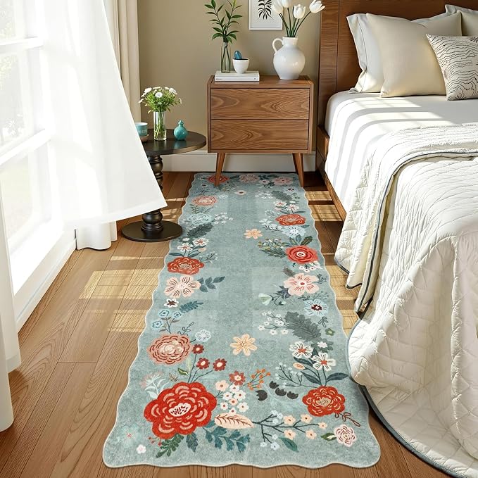 Runners for Hallways, 3x6 Runner Rug Non Slip with Soft Low Pile, Boho Floral Runner for Kitchen, Living Room, Entryway, Bedroom, Bathroom, Kid & Pet Friendly, Green