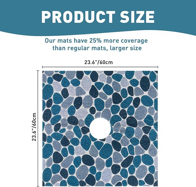 Square Shower Mat Non Slip: 24 x 24 Inch Shower Mats with Drain Hole in Middle - PVC Loofah Anti Slip Shower Floor Matt for Inside Shower