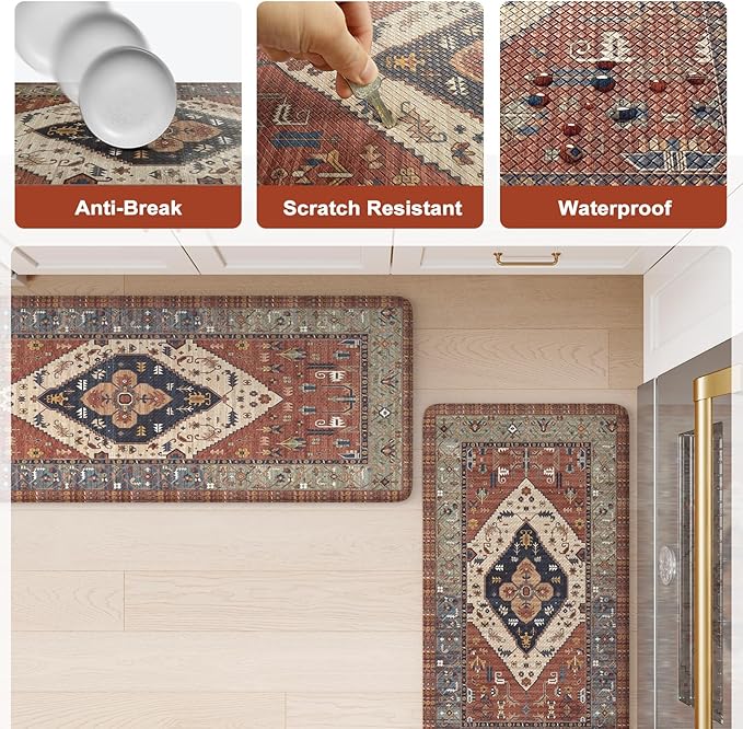 KIMODE Farmhouse Kitchen Mats, Anti Fatigue Kitchen Rugs Sets of 2, Non Slip Waterproof Kitchen Floor Mats, Ergonomic Cushioned Comfort Standing Mat, Red Laundry Room Rug for Office, Sink, Desk