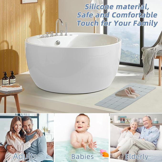 Bathtub Mat Non Slip 15" x 28" Silicone Foldable Tub Mat with Strong Suction Cups & Large Drain Holes, Durable & Eco-Friendly, for Smooth Surfaces, Ideal for Seniors, Adults Grey
