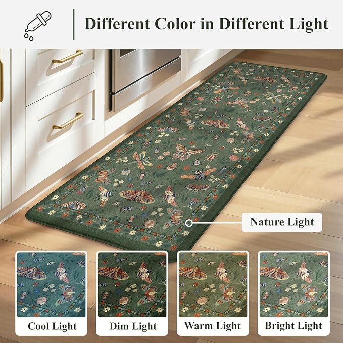 LEEVAN Anti Fatigue Mats for Kitchen Floor Non-Slip, Cushioned Kitchen Mats for Floor 17.3''x29''+17.3''x59'', Green Memory Foam Kitchen Mat Set