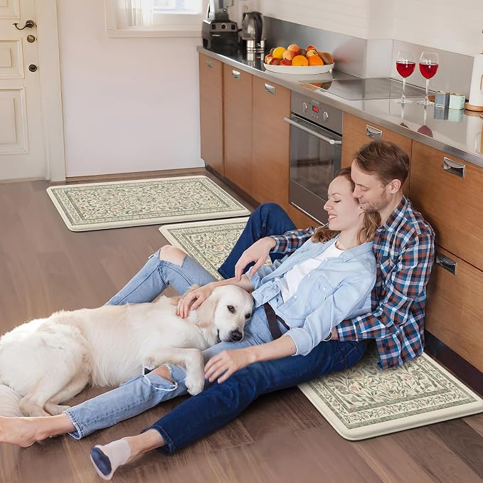 KIMODE Anti Fatigue Mats for Kitchen Floor 20"x47"+20"x32", Boho Farmhouse Kitchen Rugs Sets of 2, Cushioned Kitchen Floor Mats Non Slip, Comfort Standing Mats for Sink Laundry Desk Beige