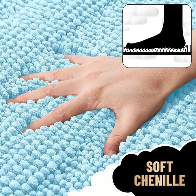 OLANLY Thick Bathroom Rugs 36x24, Extra Soft Absorbent Chenille Striped Bath Rugs, Rubber Backing, Machine Wash Dry, Bath Mats for Bathroom Floor, Tub and Shower, Home Decor Accessories, Sky Blue