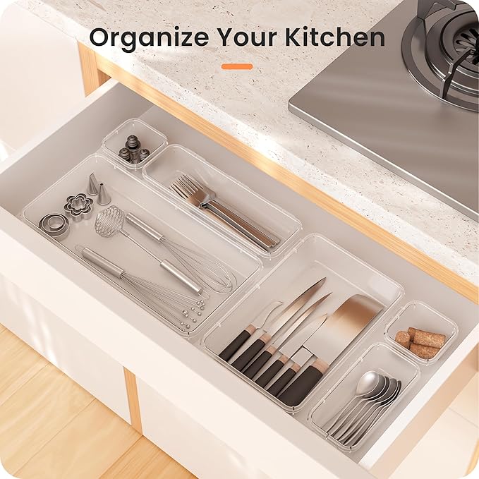 A-LuGei 【Military Grade】 Drawer Organizer, 【𝟱𝗦𝗶𝘇𝗲】 Makeup organizer, 【Holds 177 Items】 Bathroom Organizers and Storage, Organization and Storage, Desk Drawer Organizer for Vanity (Clear)