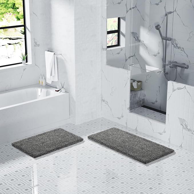 Yimobra Luxury Bathroom Rugs, Fluffy Bath Mats, Non Slip, Water Absorbent Microfiber, Machine Washable, Plush Shower Rugs, Thick Matts for Bathroom Floor/Tub, 44" X 24", Light Gray and Black Gray