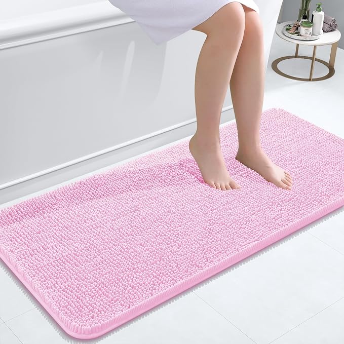 OLANLY Bathroom Runner Rugs 47x20, Extra Soft Absorbent Chenille Bath Rugs, Rubber Backing Quick Dry, Machine Washable Long Bath Mats for Bathroom Floor, Tub and Shower, Home Decor Accessories, Pink