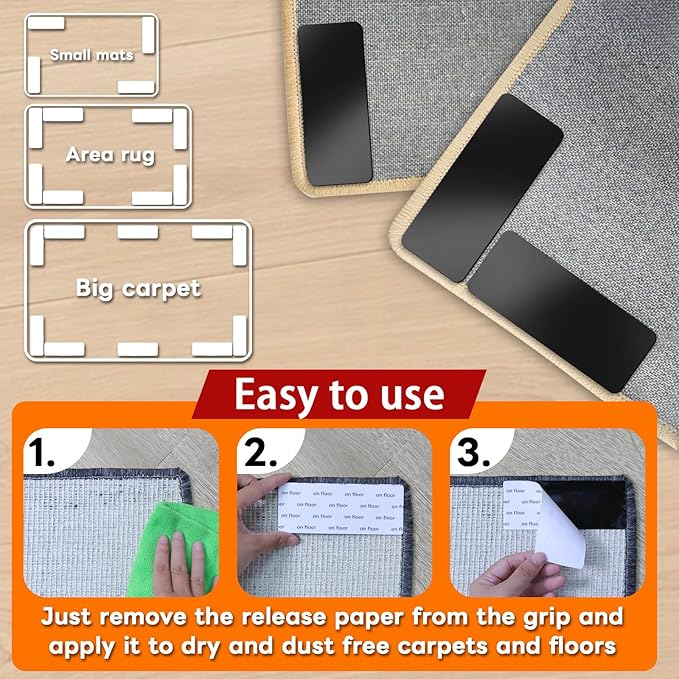 YINTTIAN Rug Non Slip Grippers, 2 x 5 Inch Reusable Carpet Grippers Rug Tape Pads for Hardwood Floors and Tiles, Removable and No Residue on Floor (12)