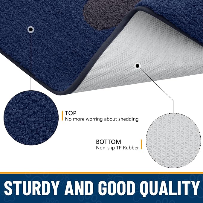 Smiry Dog Door Mat for Muddy Paws, Absorbs Moisture and Dirt, Low-Profile Entryway Mat with Non-Slip Backing, Entry Indoor Outdoor Doormat for Inside Floor (40x32 Inches, Navy Blue, Paw)