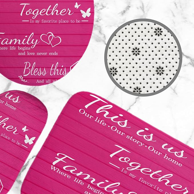 4Pcs Family Shower Curtain Sets with Non-Slip Rugs, Toilet Lid Cover and Bath Mat, Pink Home Bathroom Decor Set Accessories Waterproof Shower Curtains with 12 Hooks, 72 x 72 Inch