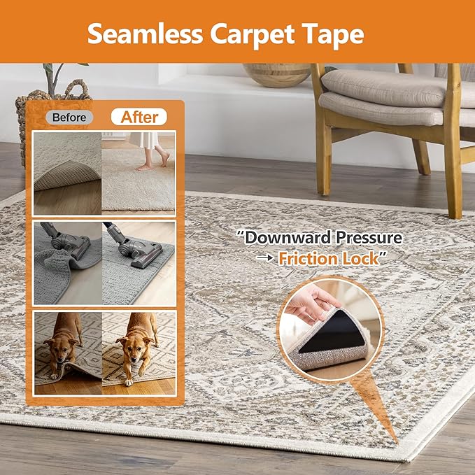 12 Pcs Rug Tape,Anti Slip Rug Pads Grippers for Hardwood Floors and Tiles,with Strong Adhesive Grid Backing -No Residue,Reusable Carpet Tape, Double-Sided Adhesive Rug Stickers