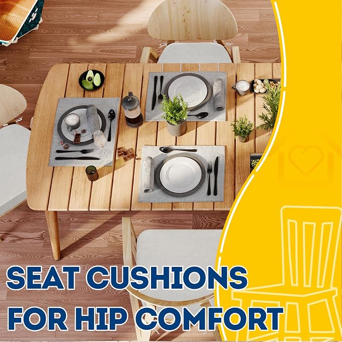 AAAAAcessories D-Shaped Chair Cushions, 2" Thick Dining Chair Pads with Ties and Removable, Machine-Washable Cover, 17" x 16", Set of 4, Natural Linen
