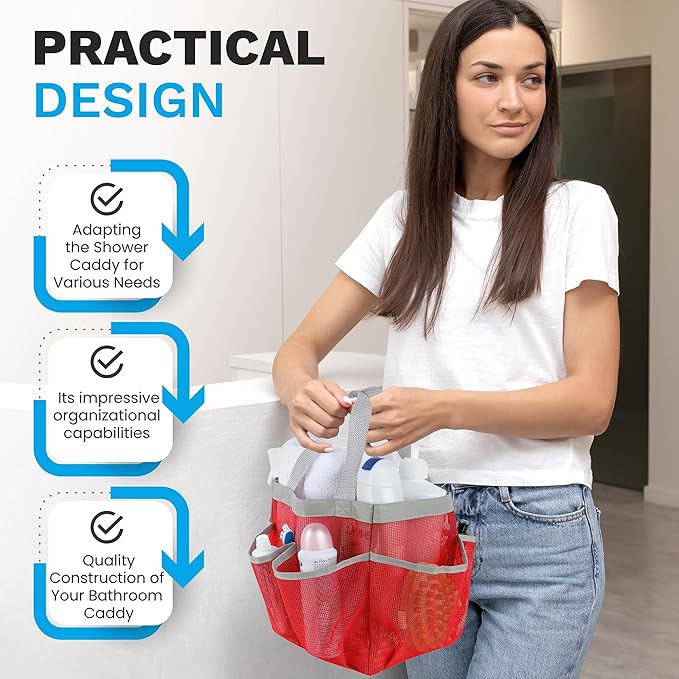 Handy Laundry Mesh Shower Caddy – 7 Pocket Portable Organizer Tote for Dorm, Gym, Travel & Bathroom – Quick Dry Collapsible Bag for College Essentials, Toiletries & Cleaning Supplies (Pink)