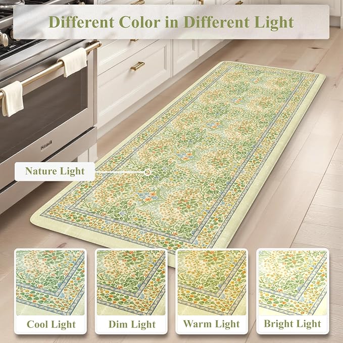 Collive Anti Fatigue Mats for Kitchen Floor, Waterproof Non Skid Kitchen Rugs Sets of 2 Vintage Floral Desk Rug, Foam Comfort Standing Mat for Office, Sink, Laundry, Light Green