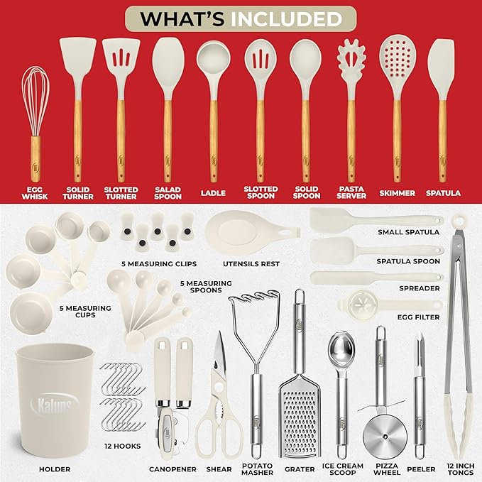 Kaluns 50 PCS Silicone Kitchen Utensils Set Complete Kitchen Set - 800°F Heat Resistant Non-Stick Premium Silicone Cooking Utensils W Wooden Handles - Can Opener, Masher, Turner, Silicone Spatula Set