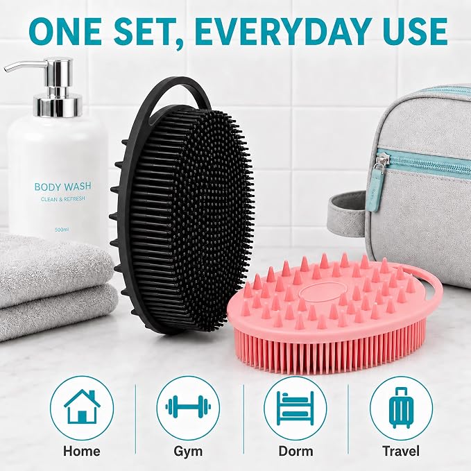 2 Pack Silicone Body Scrubber, Loofah Double-Sided Body Brush,Shower Scrubber and Scalp Massager Shampoo Brush for Sensitive Kids Women Men All Kinds of Skin (Black & Pink)