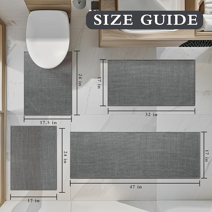 YIHOUSE Grey Bath Rug Set, 4 Piece Non Slip Absorbent Bath Mat, Quick Dry, Thin for Toilet and Floor