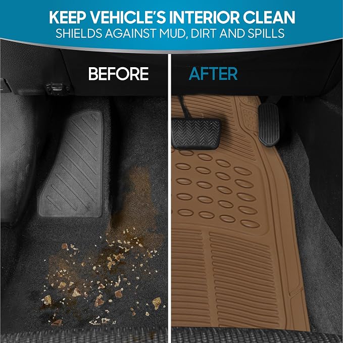 BDK ProLiner Floor Mats for Cars Trucks SUV, 2-Piece All-Weather Car Mats with Universal Fit Design, Durable Car Floor Mats with Capture Ridges, Waterproof Rubber Floor Mats for Cars (Beige)