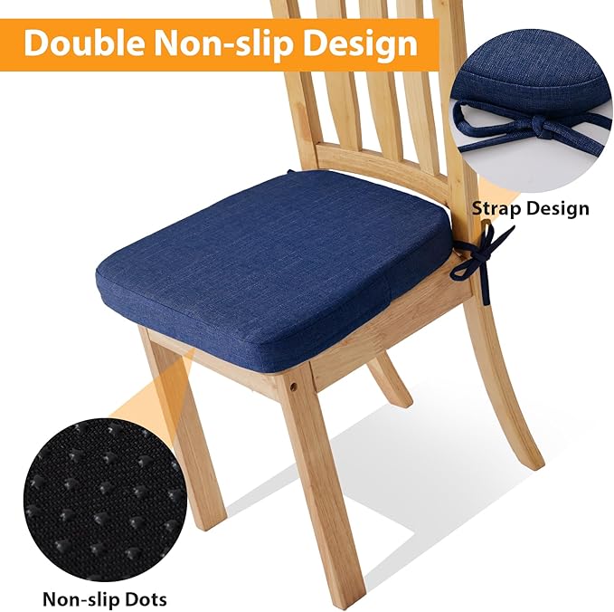 Ruqmuis Chair Cushions for Dining Chairs, 2" Thick Seat Cushions for Kitchen Chairs, D-Shaped Chair Pads with Washable Cover, Ties and Non Slip Backing, 17'' x 16'', Set of 2, Blue