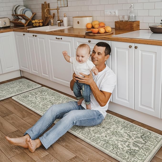KIMODE Kitchen Mats Cushioned Anti Fatigue 2 PCS, Boho Kitchen Mats Stain Resistant, Standing Kitchen Runner Rug, Non Slip Waterproof Kitchen Sink Floor Mat, 17.3"x59"+17.3"x29", Sage Green