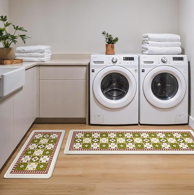 GENIMO Anti Fatigue Kitchen Mats for Floor, Cushioned Non Slip Kitchen Rug, Waterproof Kitchen Floor Mat Runner, Kitchen Mat for Laundry, Sink, Office, Entryway, 17.3"x59"+17.3"x30", Green