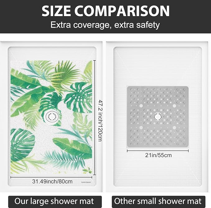 Non Slip Shower Mat: 47.2x31.5 Inch Extra Large Shower Mats for Inside Shower with Drain Hole in Middle - Soft PVC Loofah Anti Slip Shower Floor Mat for Standing and Walk-in Shower, Quick Drying