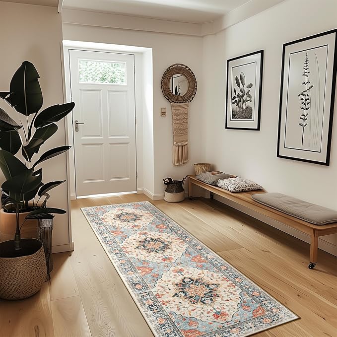 RELEANY Area Rugs Runner 2'x8' Washable Non-Slip, Floral Vintage Distress Medallion Carpet for Kitchen Hallway Bedroom Beside Laundry Room Bathroom, Beige Navy Blue Orange Colorful